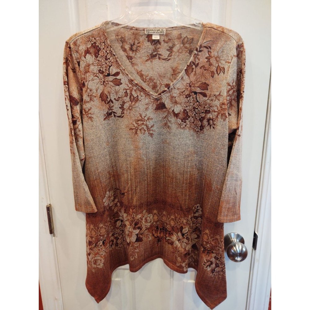 Energe World Wear Womens M Top Brown Floral 3/4 Sleeves Boho Swing Blouse